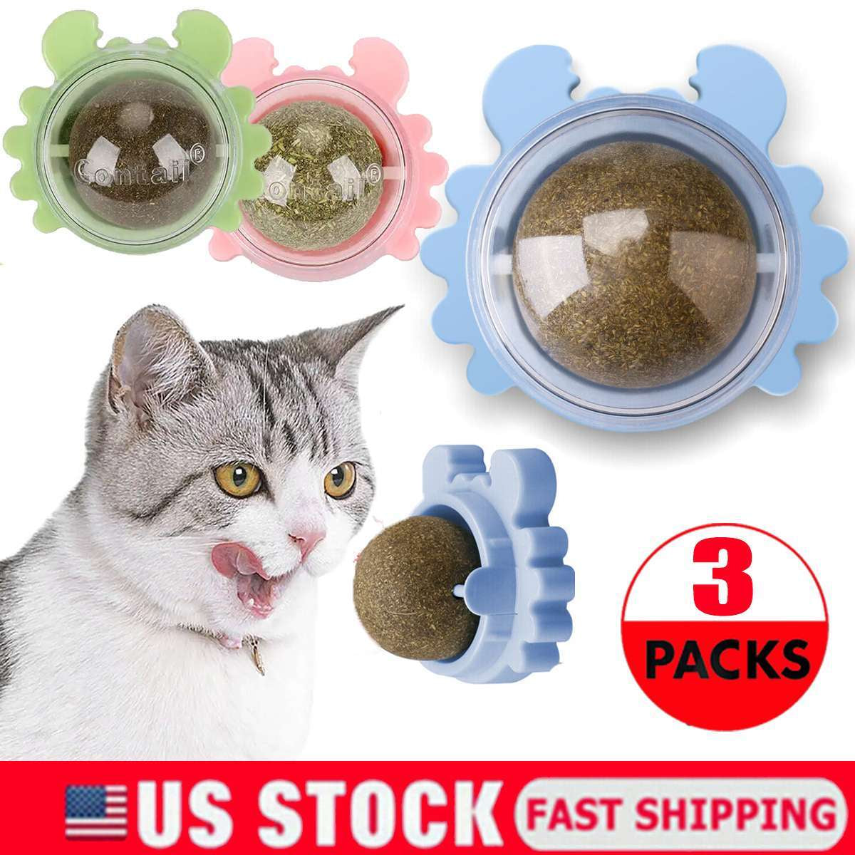 3X Rotatable Catnip Wall Ball Cat Teeth Cleaning Toys Edible Licking Treats Toys